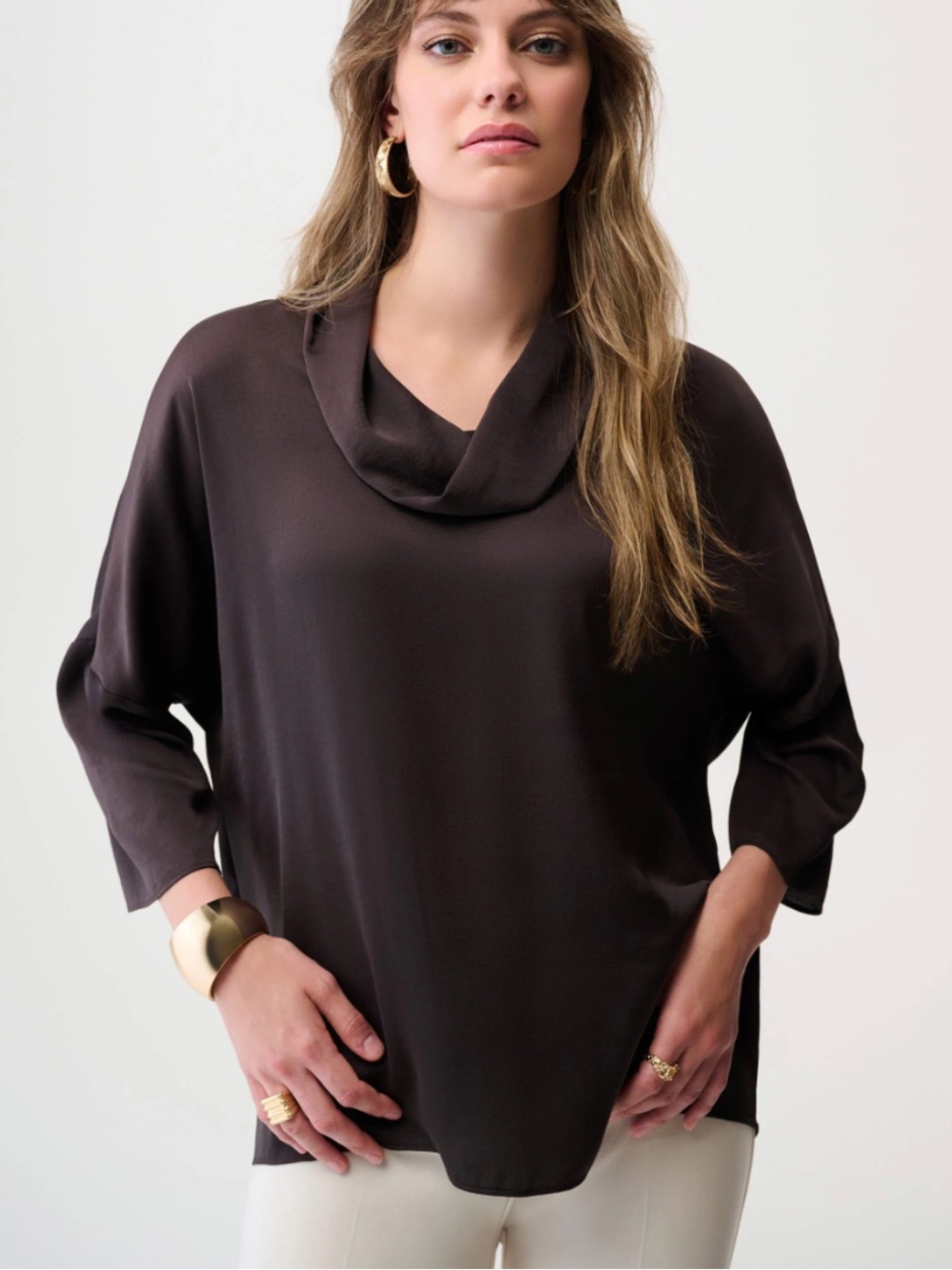 NWT Joseph Ribkoff Satin Boxy Tunic with Cowl Collar in Mocha Brown Medium